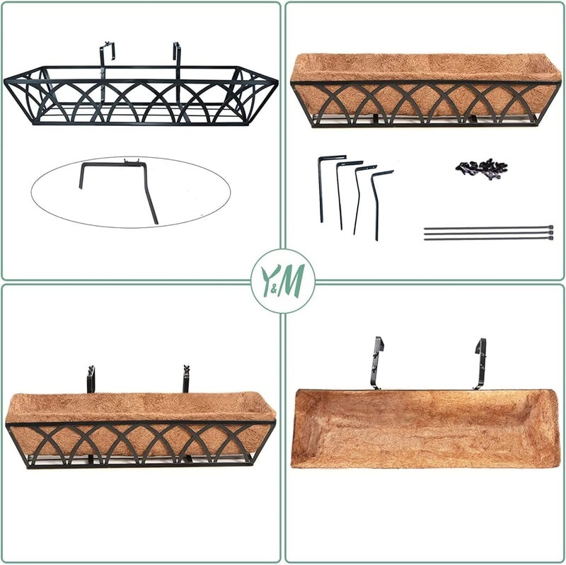 YM 24 Inch Fence Metal Hanging Flower Planter Window Basket Deck Railing Planter Boxes for Outdoor Garden Lawn， Window Deck with Coco Liner,6pcs - Image 2